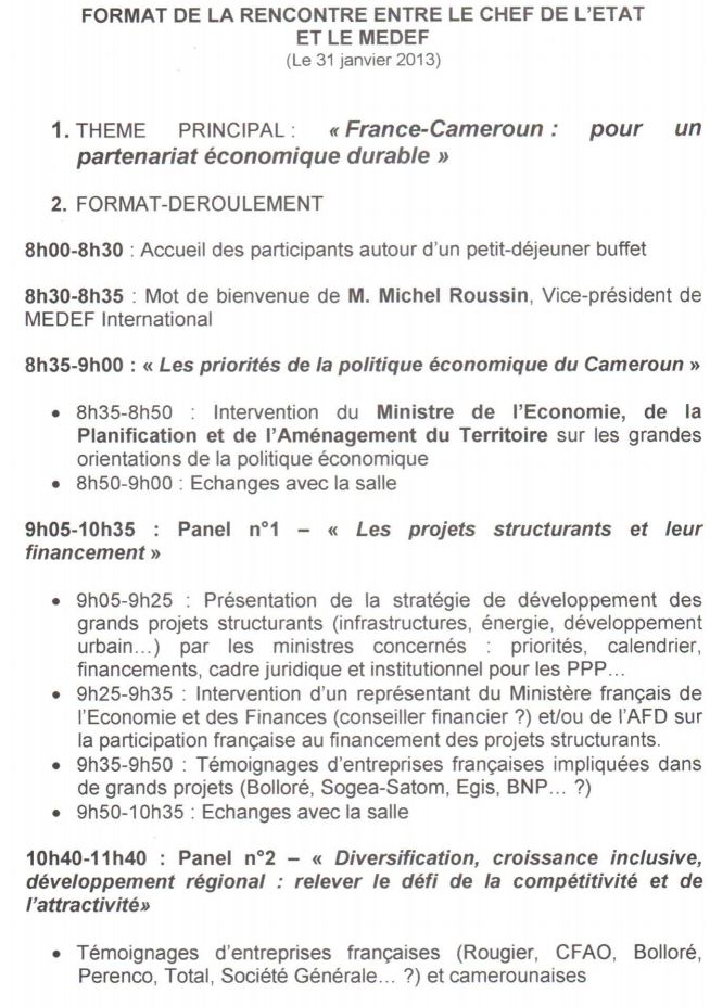 Programme de la rencontre entre Paul Biya et le Medef