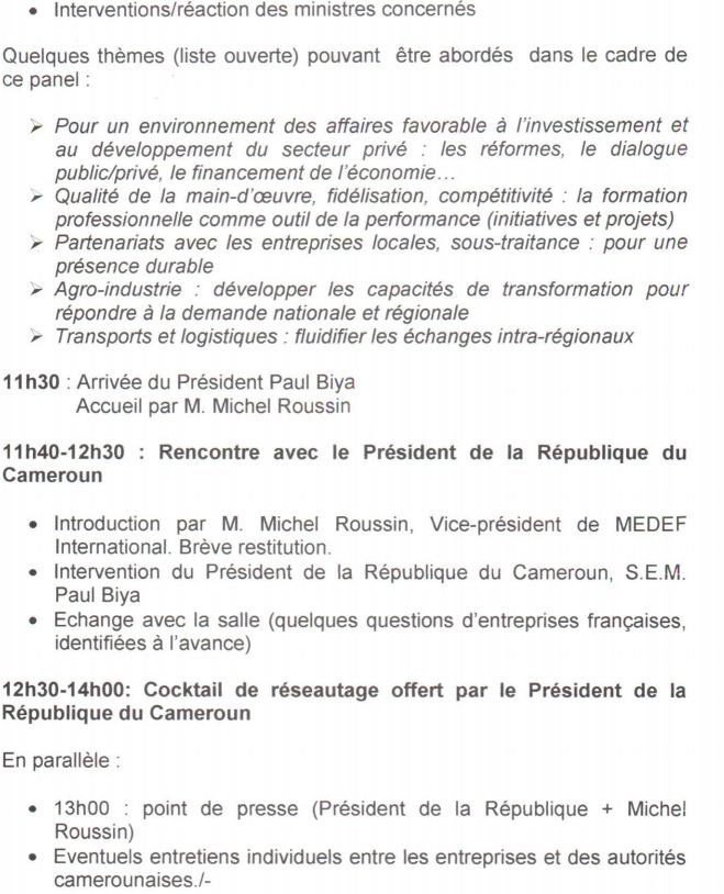 Programme de la rencontre entre Paul Biya et le Medef