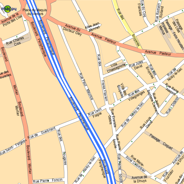 Le rond point de la sortie du priphrique est en haut  gauche sur la carte et le lieu d'arrive signal par un cercle tout en bas