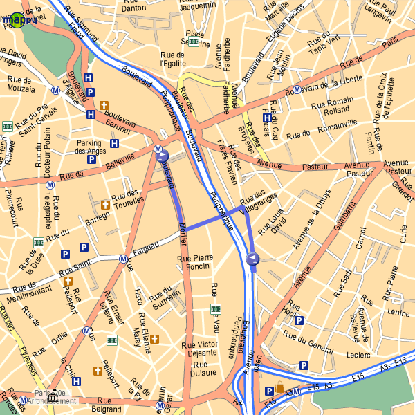 L'itinraire est surlign en bleu sur la carte avec un drapeau sur le lieu d'arrive