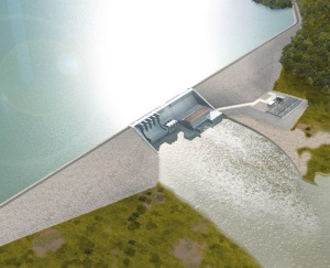 Une maquette du barrage de Lom Pangar